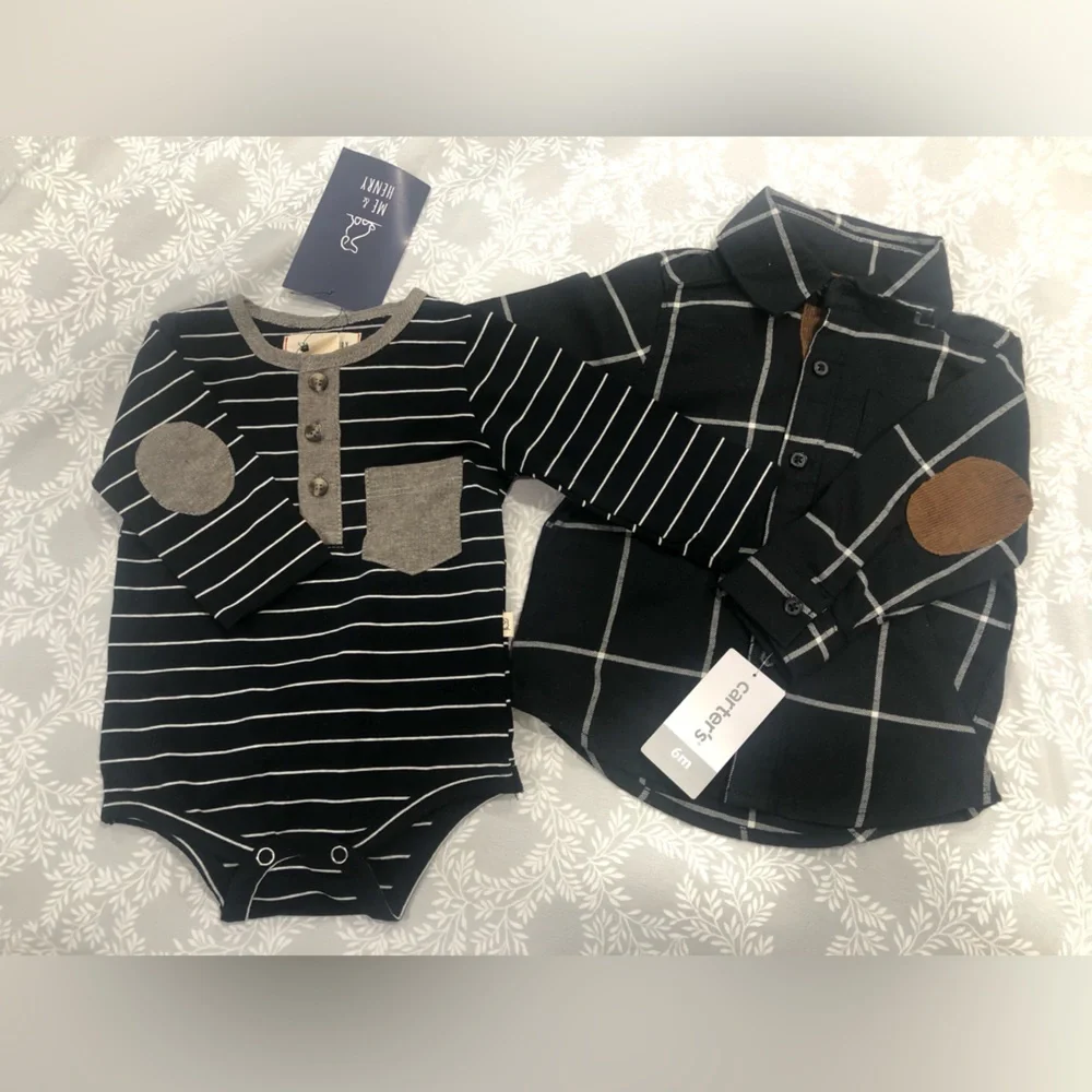 Baby Boys Shirt Lot Of 2 0-6 Months Carter's Me & Henry‎ Black Striped Plaid